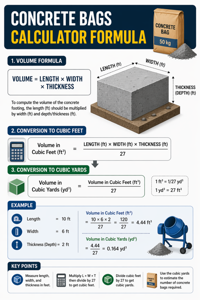 Concrete bags calculator formula infographic showing volume calculation length × width × thickness and conversion to cubic yards