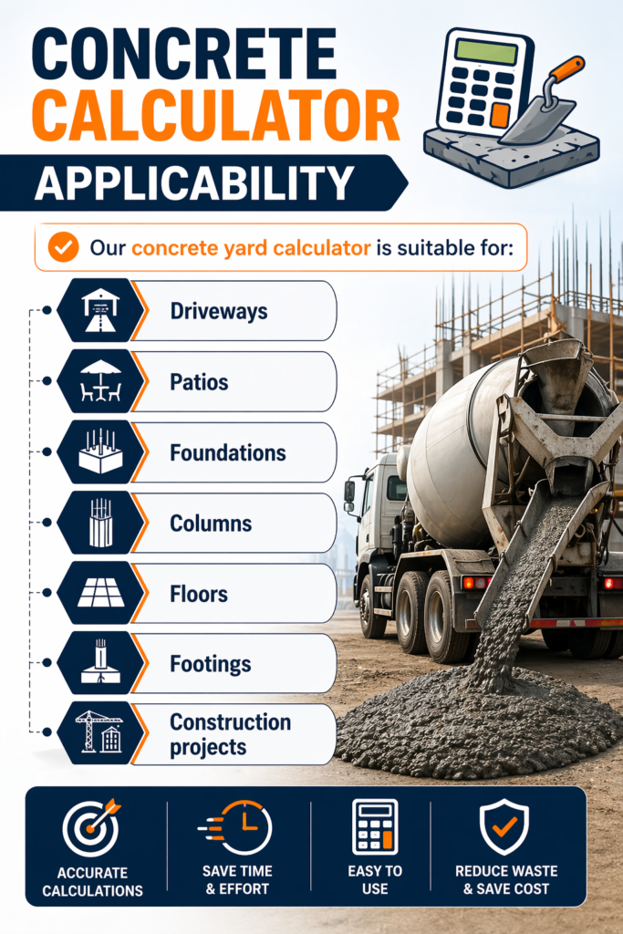Concrete slab calculator formula infographic showing length × width × thickness and cubic yards conversion
